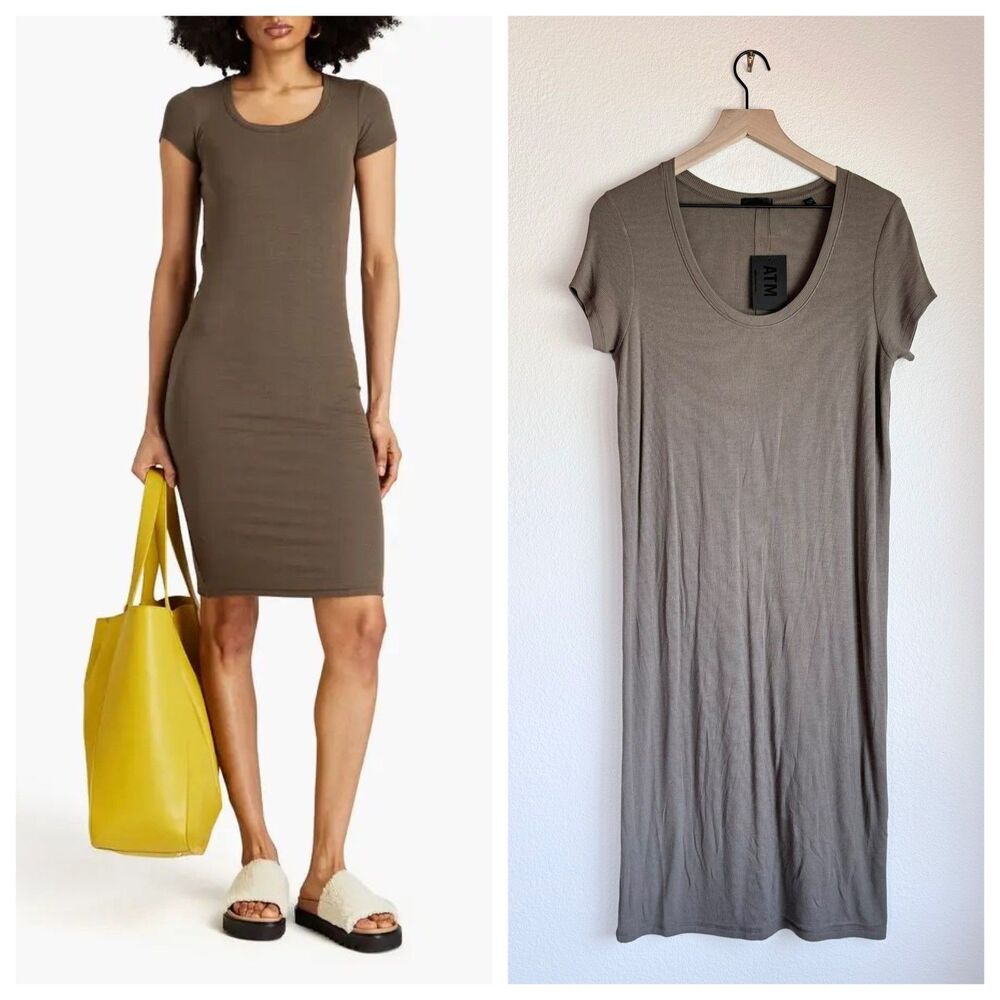 NWT ATM Anthony Thomas Melillo Ribbed Scoop Neck Midi Dress in Bark Olive XL